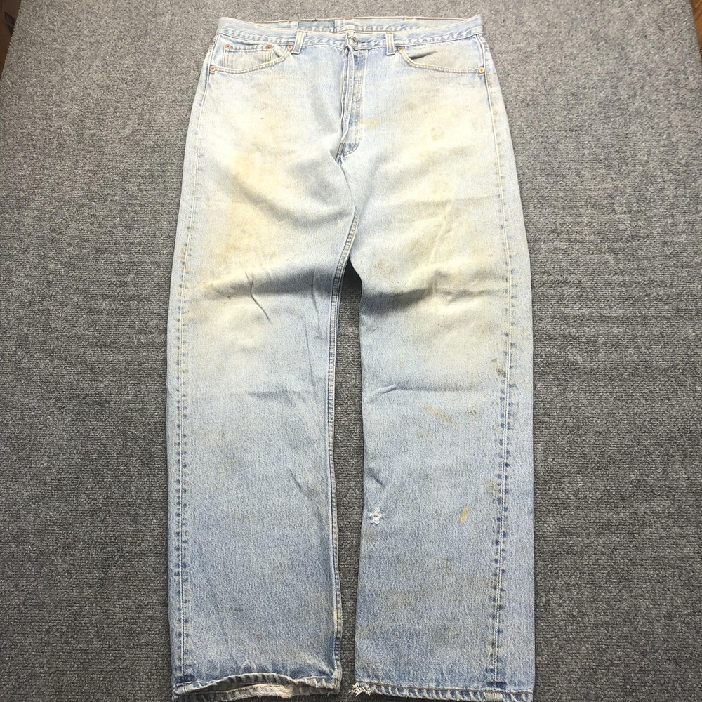Levis Jeans Mens 40x36 Light Blue Straight Leg Distressed Button Fly Denim Pants